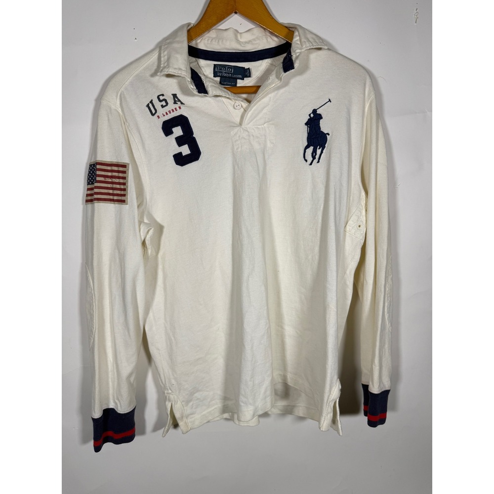 Polo Ralph Lauren Mens XL Custom Fit USA Big Pony Rugby Shirt White Long Sleeve